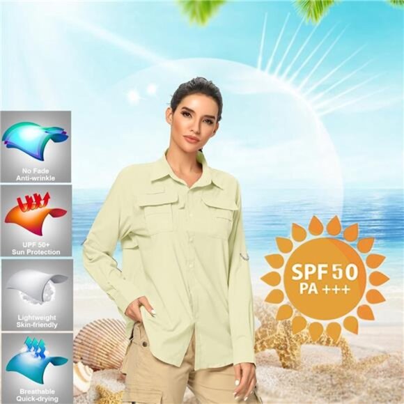 Women's UPF 50+ UV Sun Protection Safari Shirt, Long Sleeve Outdoor Cool Quick - Picture 5 of 7